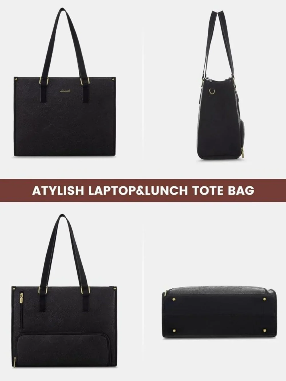 Stylish Insulated Lunch Tote & Laptop Bag for Women, Large Capacity, Jet Black